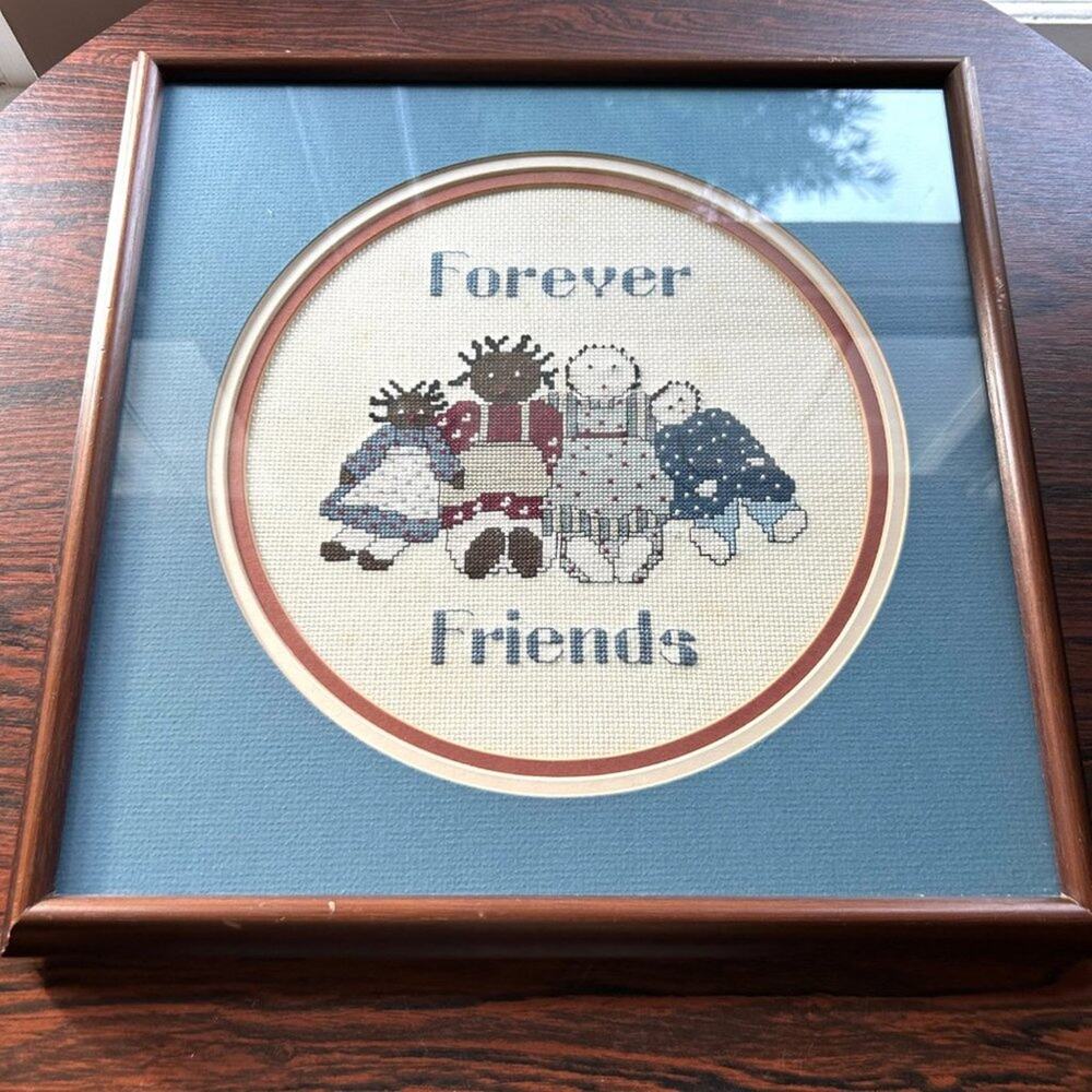 Vintage Forever Friends Handmade Needlepoint Cross Stitch, Matted & Framed